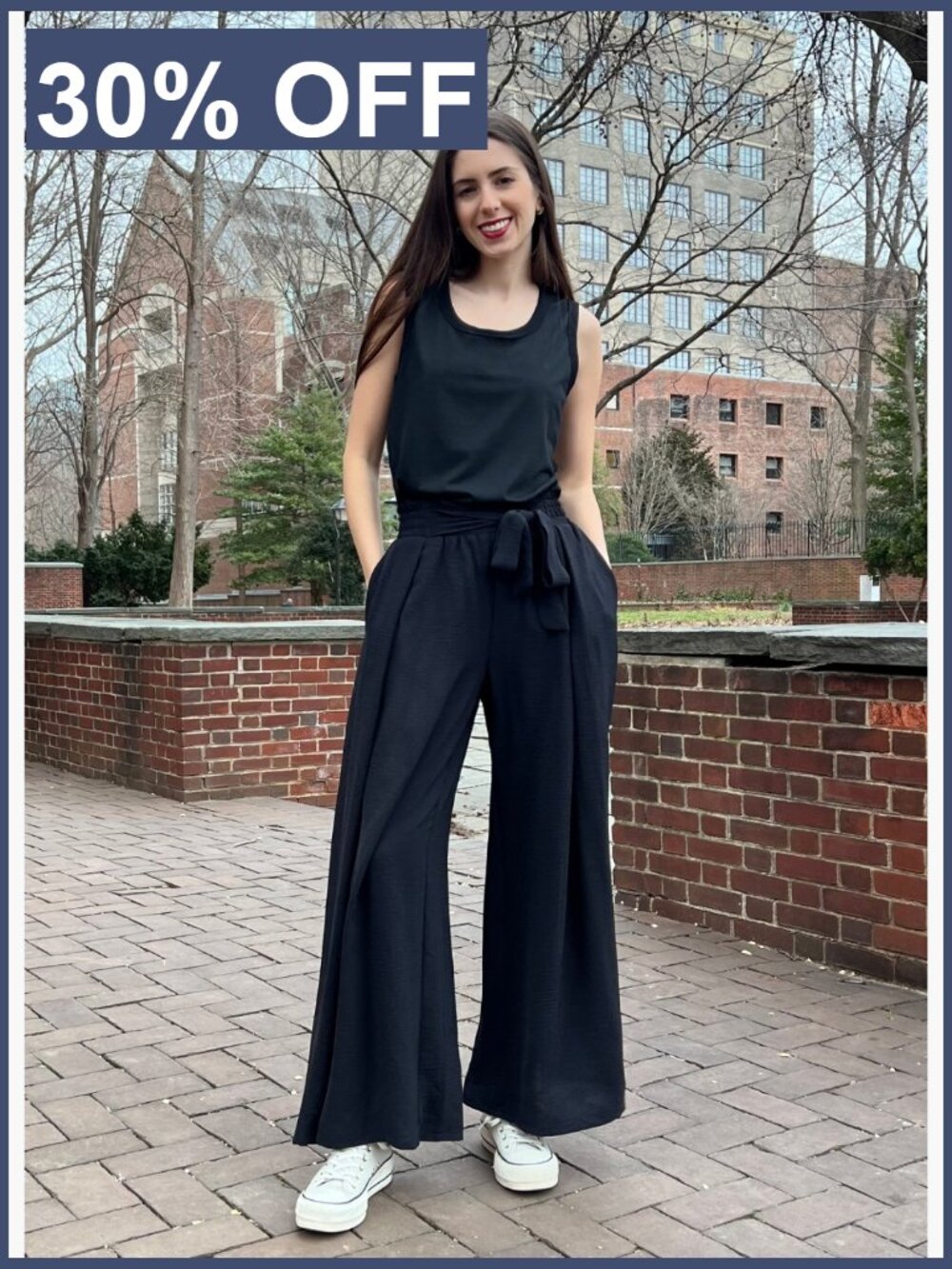 High Waisted Wide Leg Palazzo Pants with Pockets Flowy Tie Knot Trousers - Picture 7 of 7